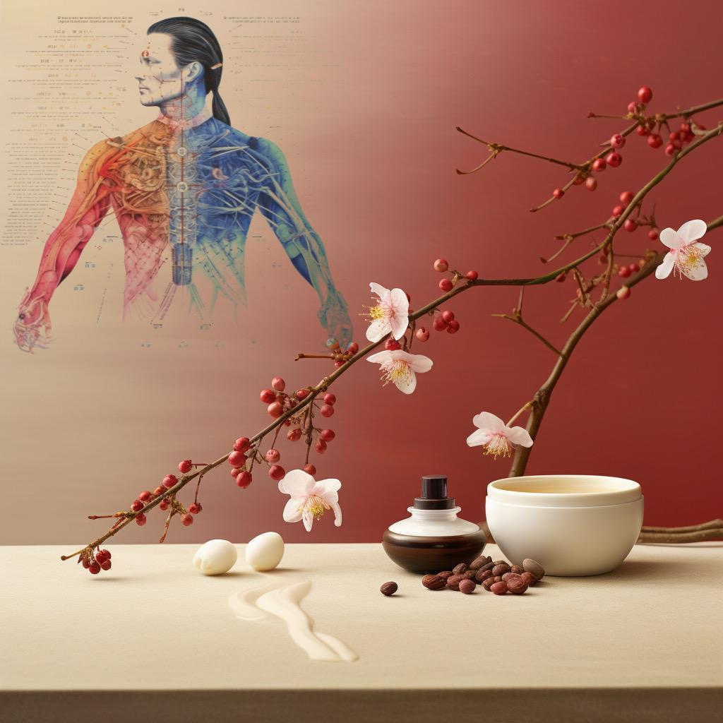 Esquema del cuerpo humano con flujos de enrgía y herramientas para medicina tradicional china